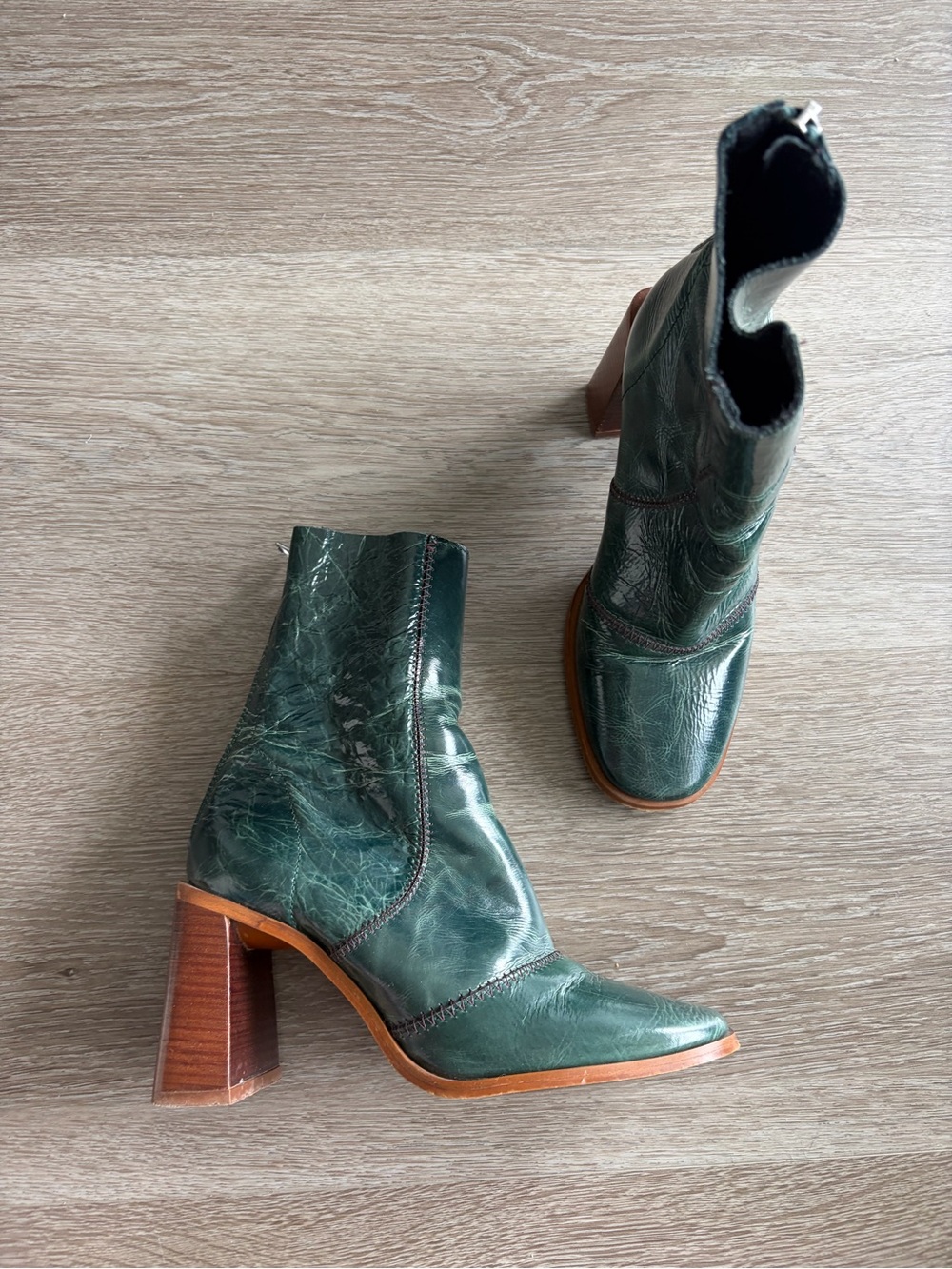 L’intervalle Green Leather Block-Heel Ankle Boots - Women's